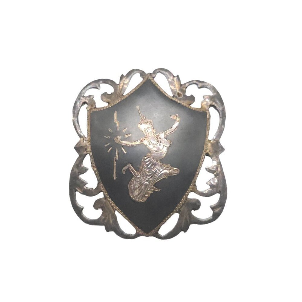 Siam 925 Sterling Silver Niello Ware Hindu Goddess Brooch Pin Open Work Vintage